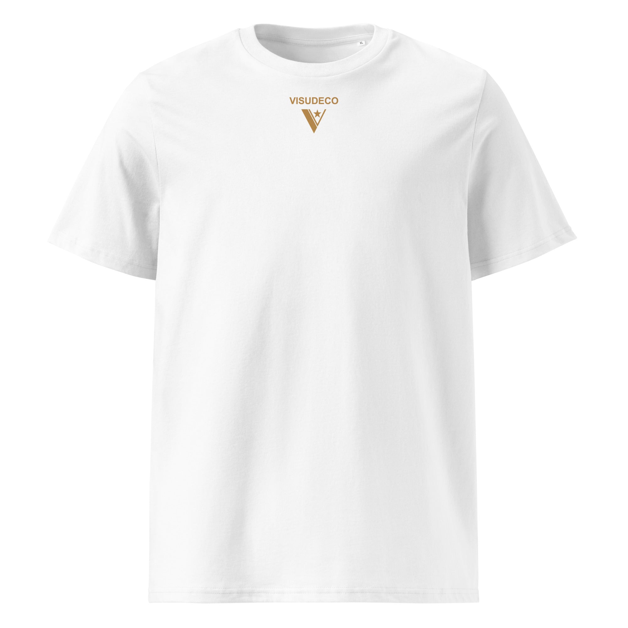 White t-shirt with logo in front.