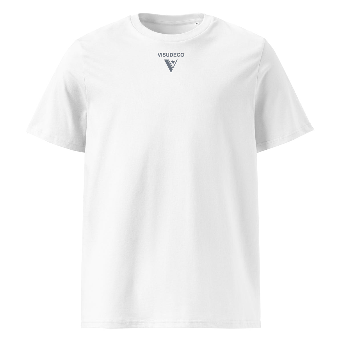 White t-shirt with a VISUDECO logo on a white background.