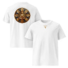 White t-shirt with logo in front and golden symbol on the back.