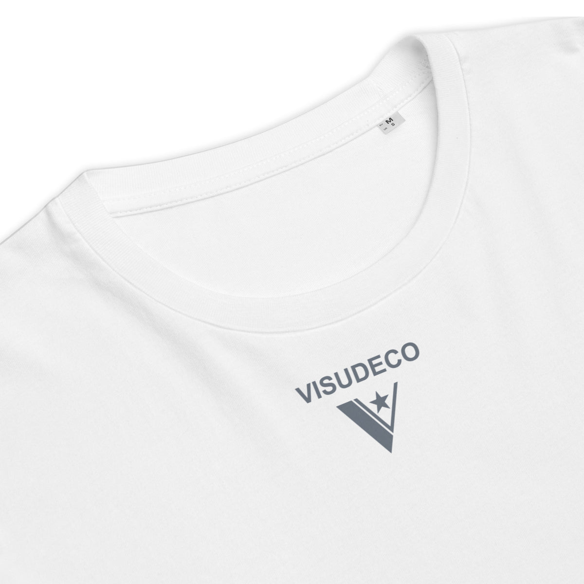 Close-up of a white short-sleeve t-shirt showing the inner collar and a dark gray printed logo on the chest that reads 'VISUDECO' above a stylized V with a star.