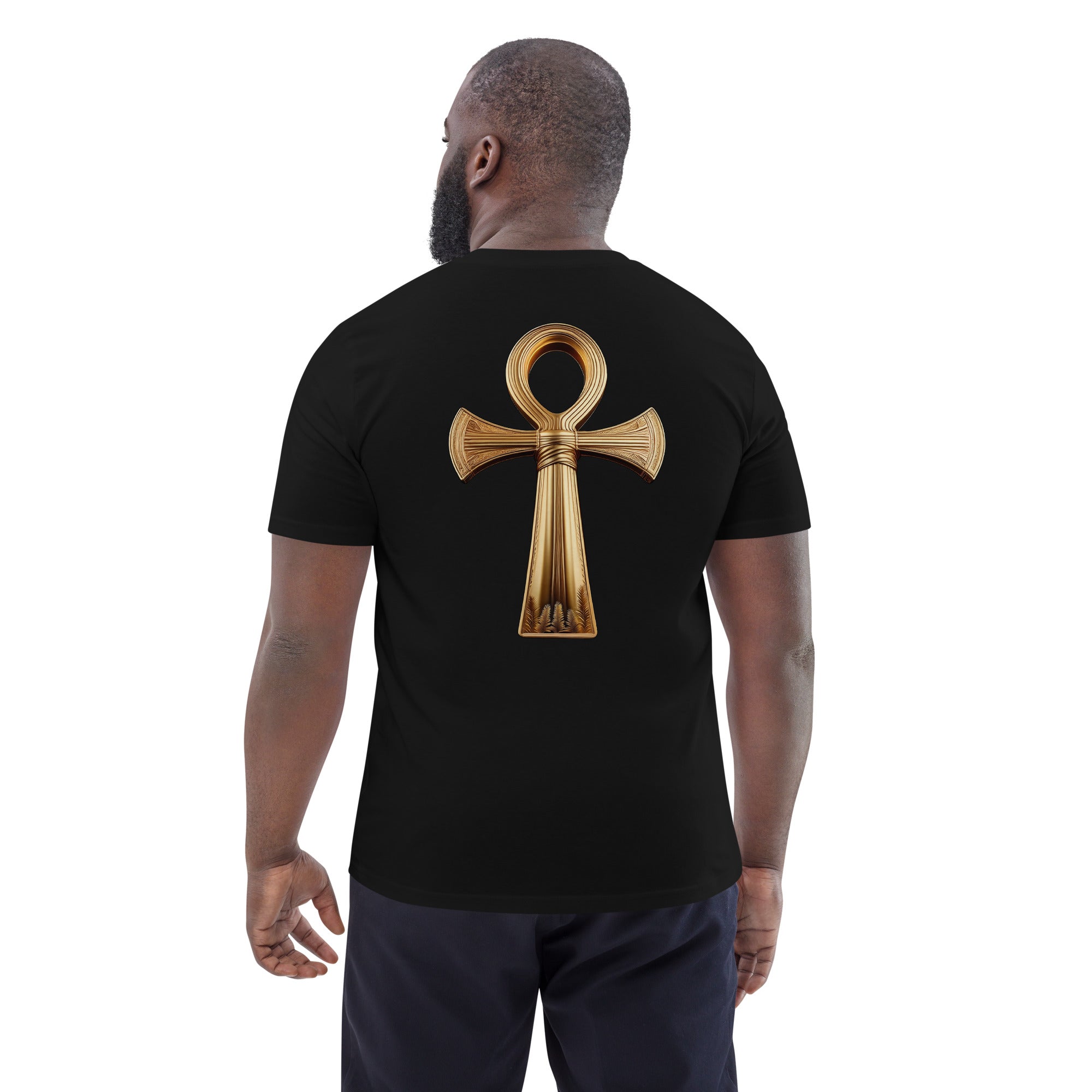 Key of Life - Organic Cotton T-Shirt in Black - male model wearing shirt with symbol on the back.