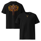 Cross - Organic Cotton T-Shirt in Black with visudeco logo in front and a cross design on the back.