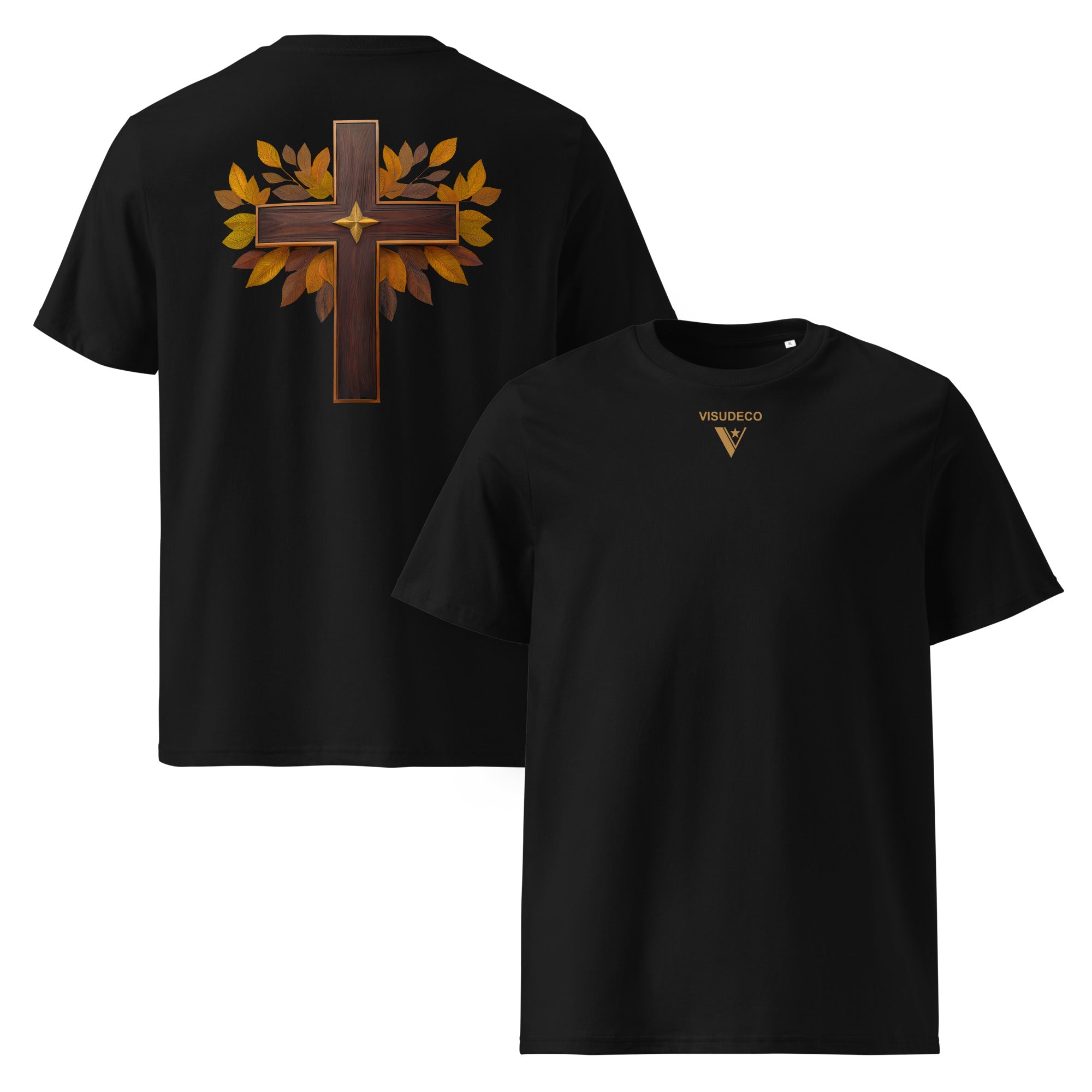 Cross - Organic Cotton T-Shirt in Black with visudeco logo in front and a cross design on the back.