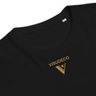 Organic Cotton T-Shirt in Black close up of neckline and visudeco logo in front.