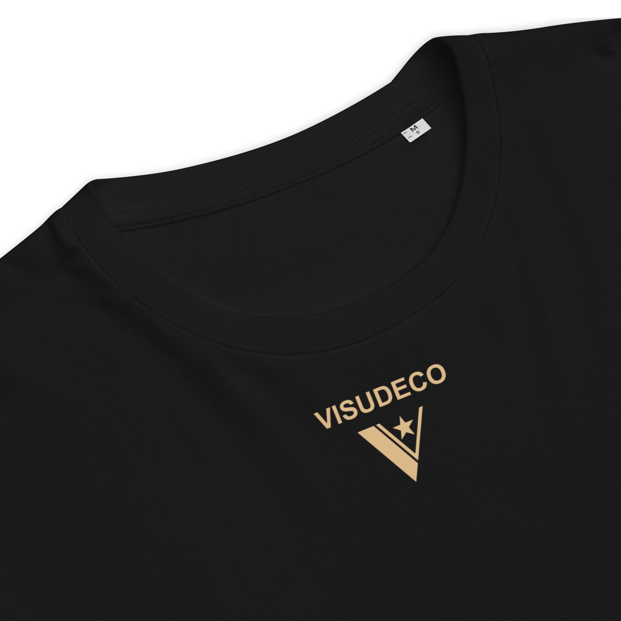 Organic Cotton T-Shirt in Black - close up of collar with golden visudeco logo printed in front.