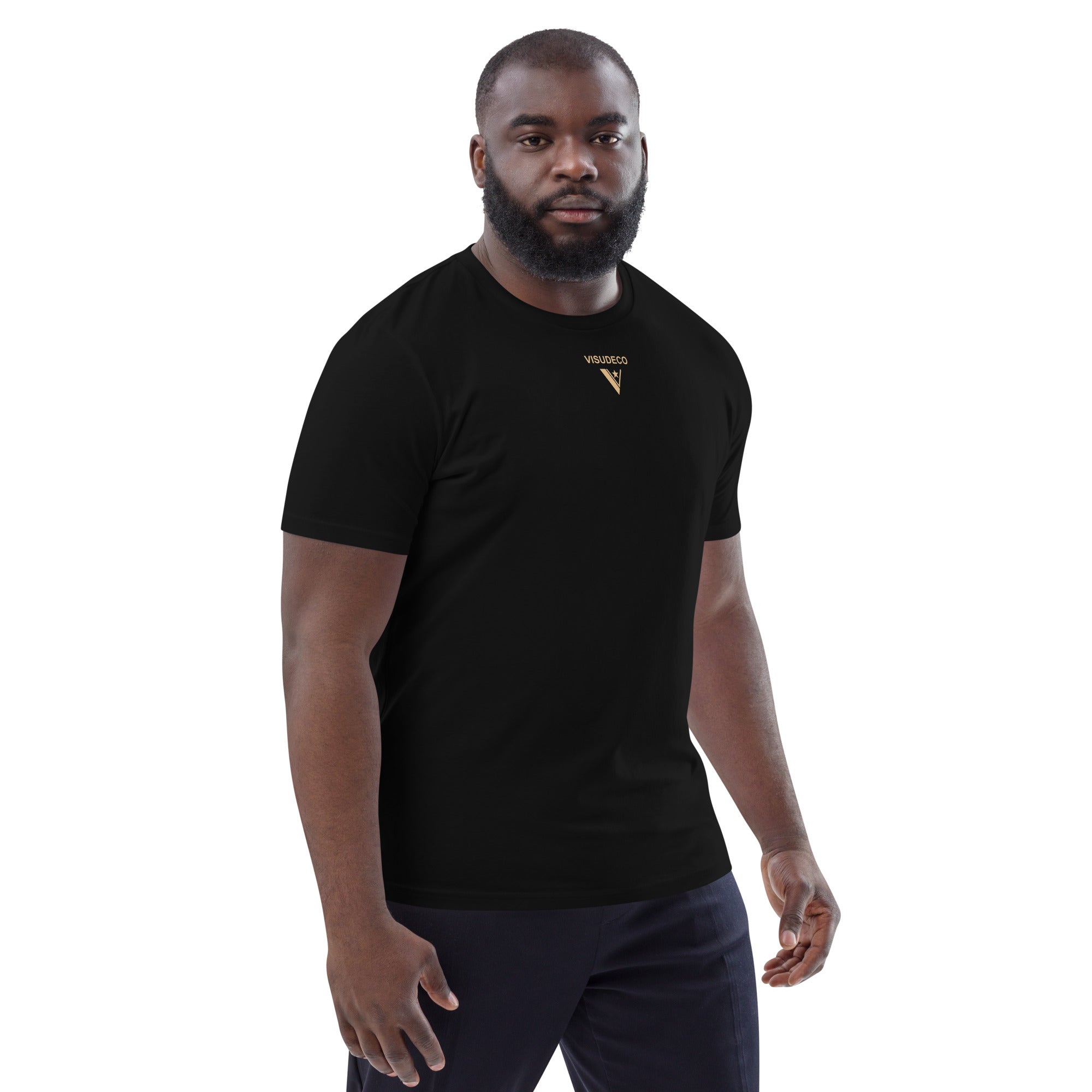 Organic Cotton T-Shirt in Black - male model wearing shirt with visudeco logo in front.