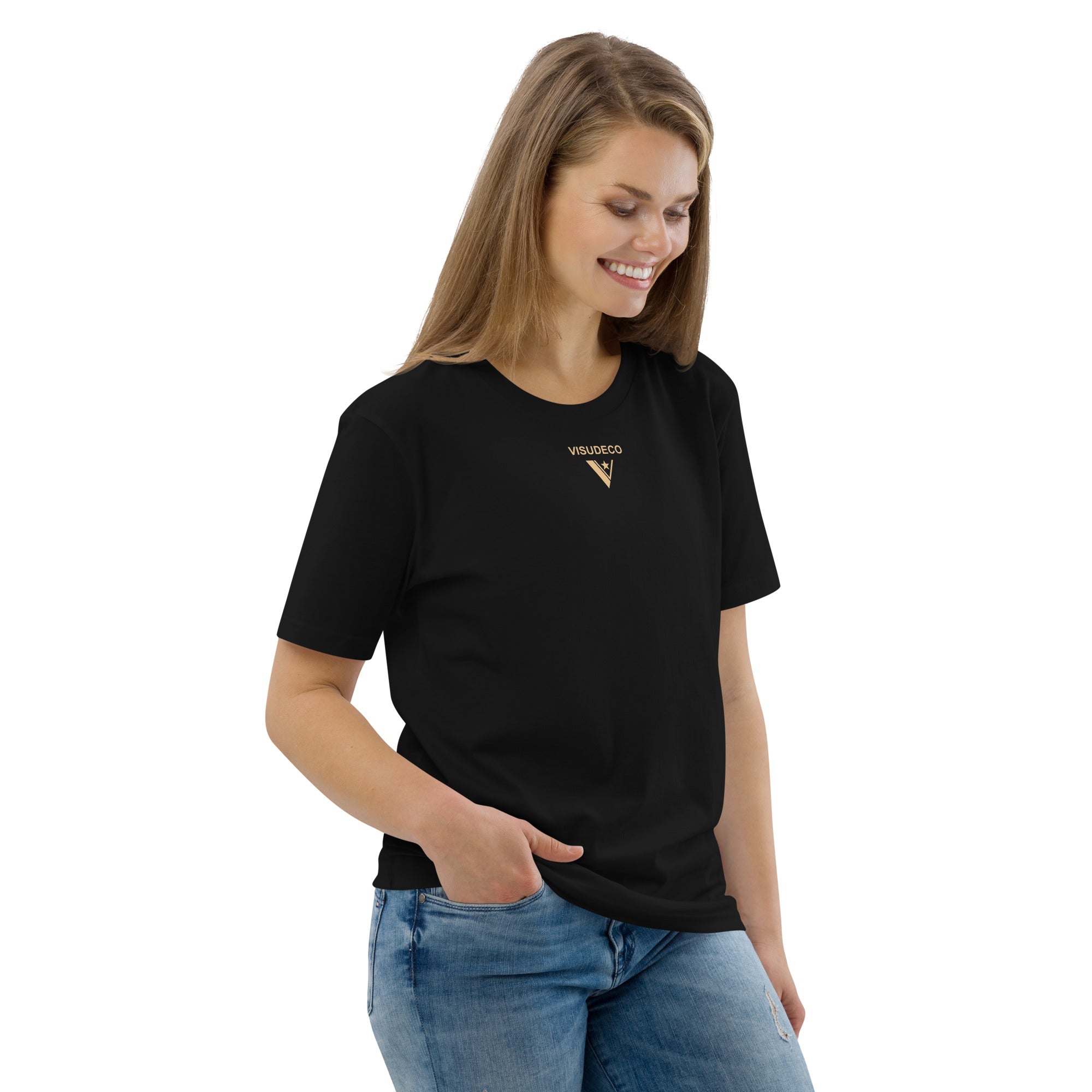 Organic Cotton T-Shirt in Black - female model wearing shirt with visudeco logo printed in front.