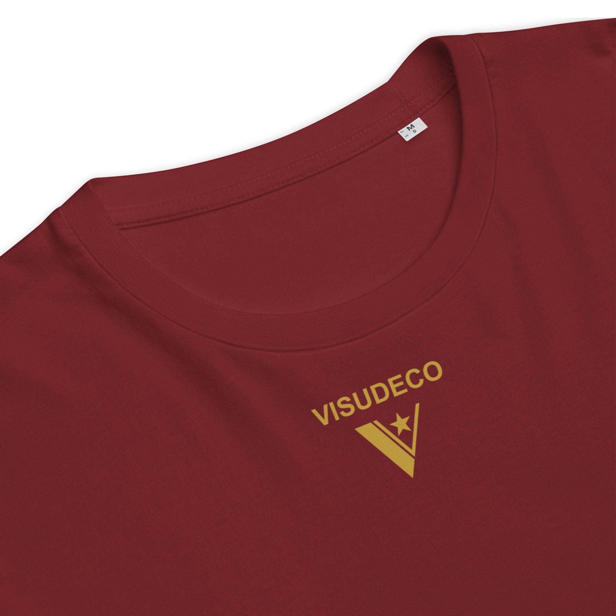 Organic Cotton T-Shirt in Burgundy. Close-up sample with logo printed on the front.