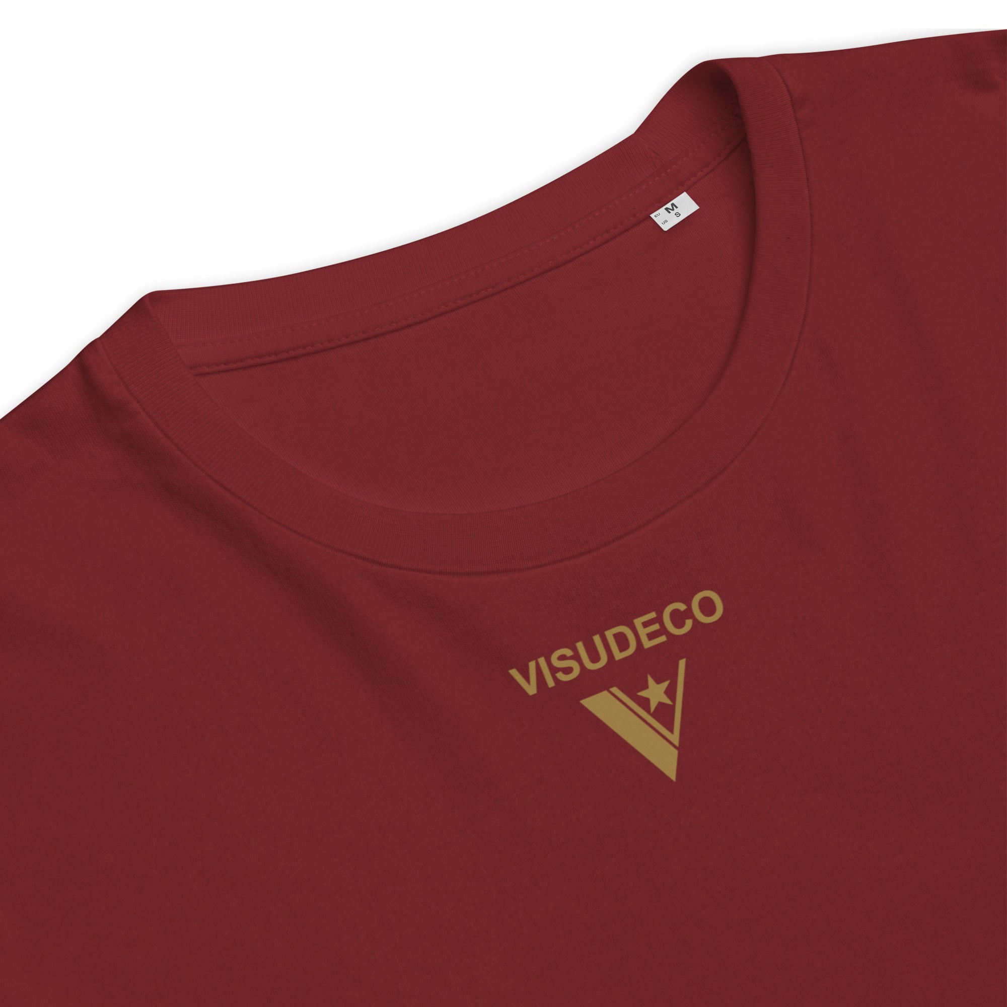 Organic Cotton T-Shirt in Burgundy close-up showing visudeco logo on the front.