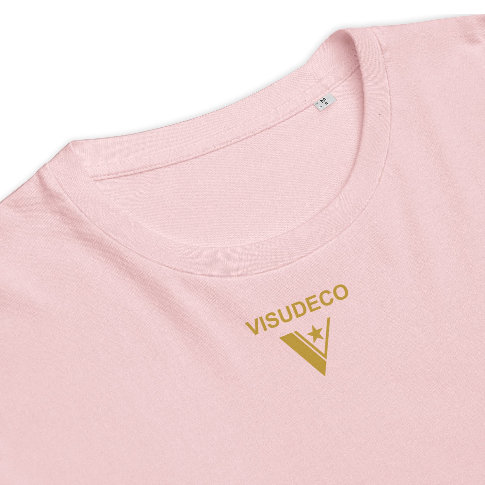Organic Cotton T-Shirt in Pink. Close-up sample with logo printed on the front.
