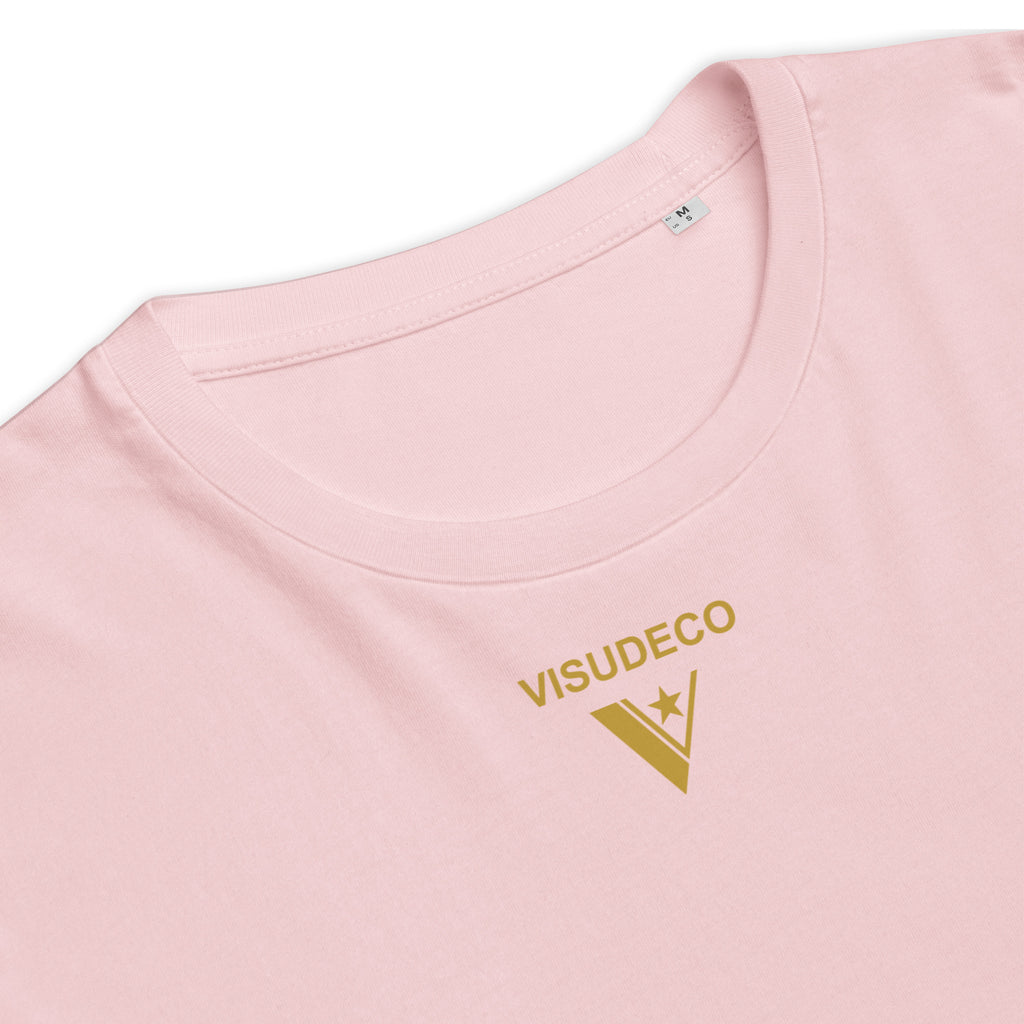 Organic Cotton T-Shirt in Pink. Close-up sample with logo printed on the front.