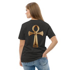 Key of Life - Organic Cotton T-Shirt in Dark Heather Grey on female model with symbol on the back.