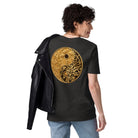 Yinyang - Organic Cotton T-Shirt in Dark Heather Grey on female model with a design printed on back.