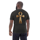 Key of Life - Organic Cotton T-Shirt in Dark Heather Grey on male model with golden symbol on back.