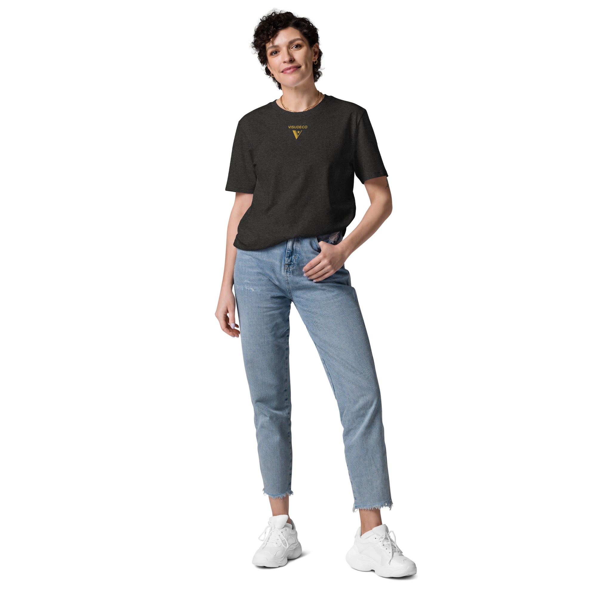 Organic Cotton T-Shirt in Dark Heather Grey on female model with logo printed in front.