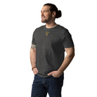 Organic Cotton T-Shirt in Dark Heather Grey on male model with logo printed on the front.