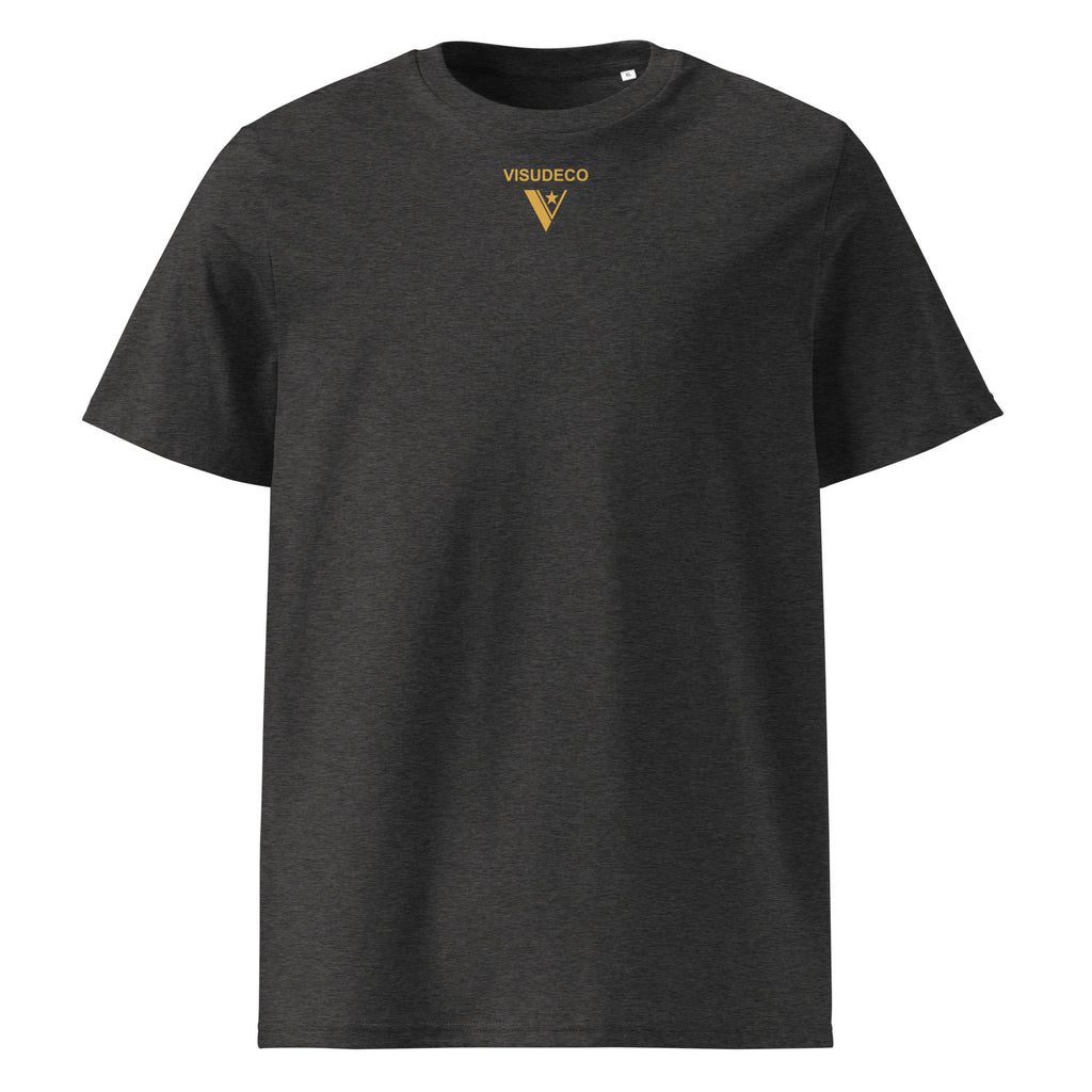 Organic Cotton T-Shirt in Dark Heather Grey with logo on the front.