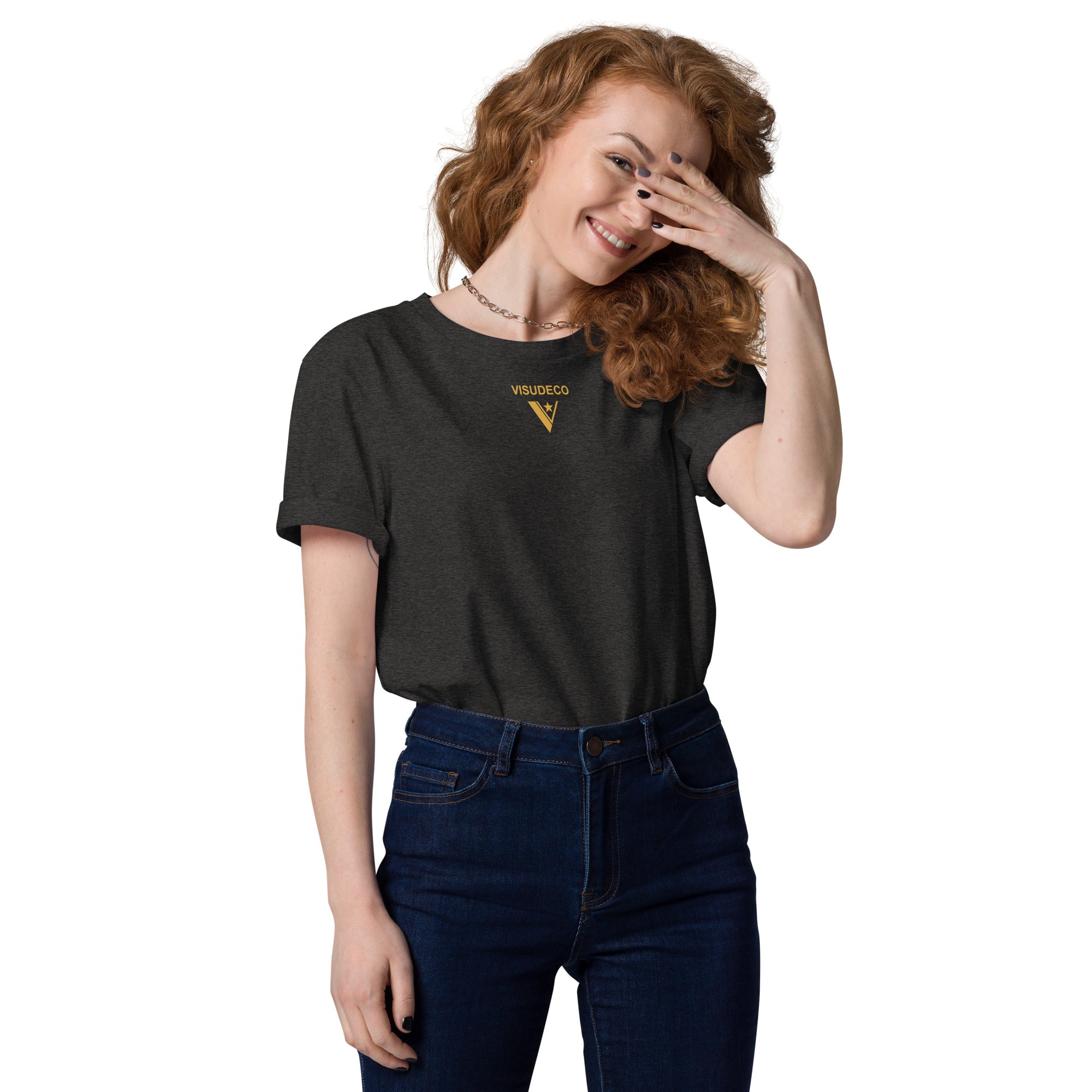 Organic Cotton T-Shirt in Dark Heather Grey shown om female model with visudeco logo in front.