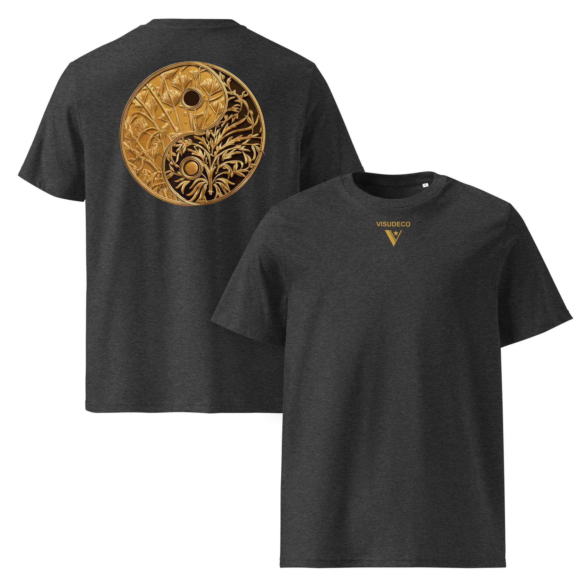 Yinyang - Organic Cotton T-Shirt in Dark Heather Grey with design on back and logo printed in front.