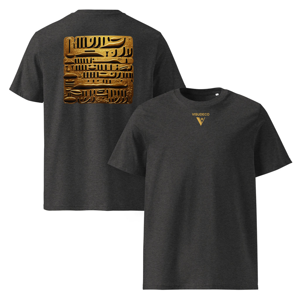 Glyphs - Organic Cotton T-Shirt in Dark Heather Grey with a golden design on back and logo in front.