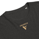 Organic Cotton T-Shirt in Dark Heather Grey, showing close-up of neck and visudeco logo.
