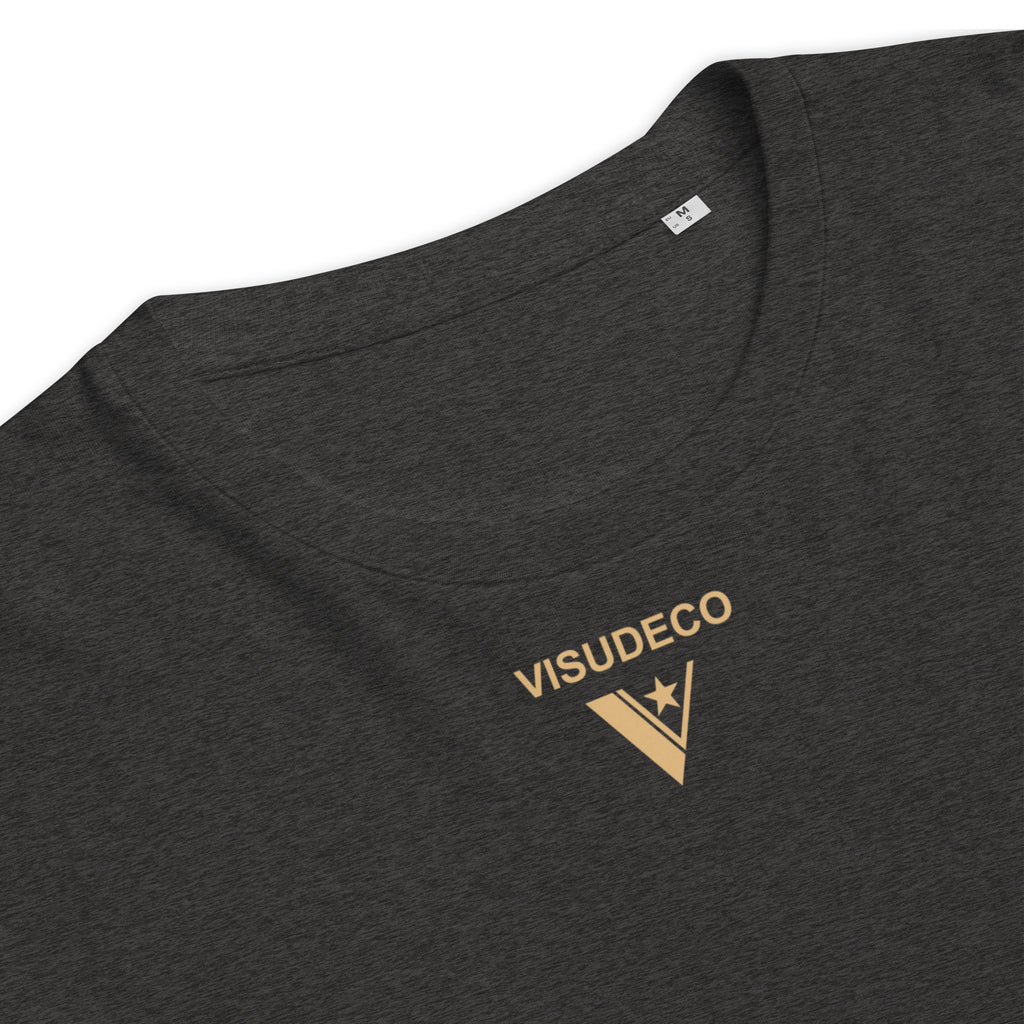 Organic Cotton T-Shirt in Dark Heather Grey, showing close-up of neck and logo.