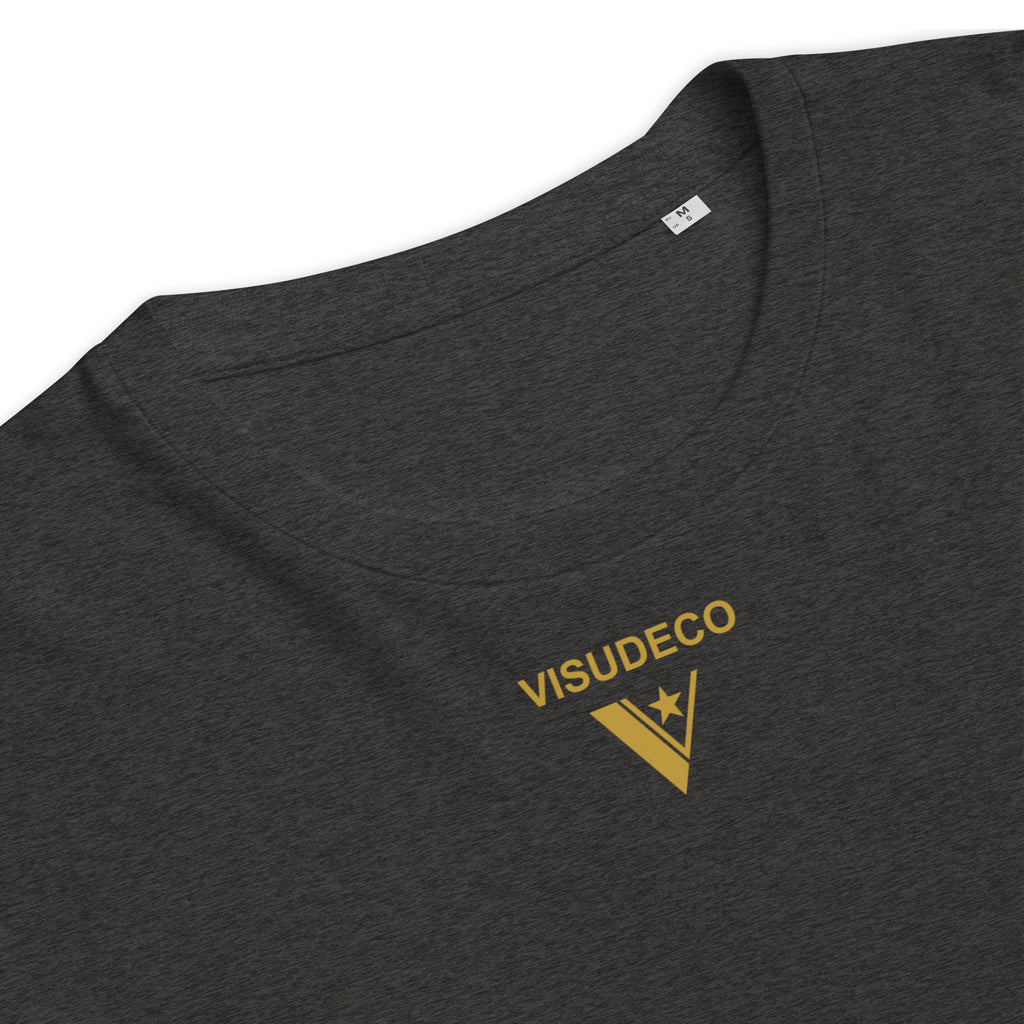 Organic Cotton T-Shirt in Dark Heather Grey. Close-up sample with logo printed on the front.