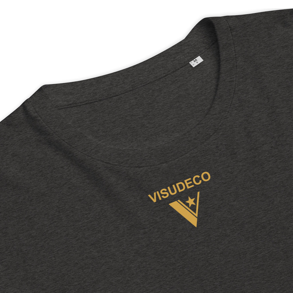 Close up of Organic Cotton T-Shirt in Dark Heather Grey with logo on the front.