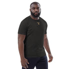 Organic Cotton T-Shirt in Dark Heather Grey on male model with logo printed on the front.