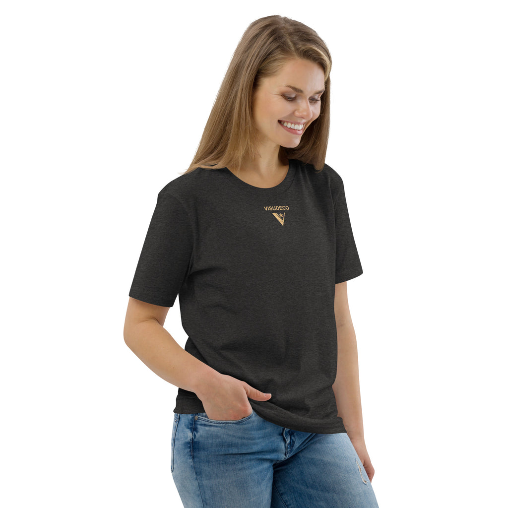 Organic Cotton T-Shirt in Dark Heather Grey on female model with logo printed on the front.