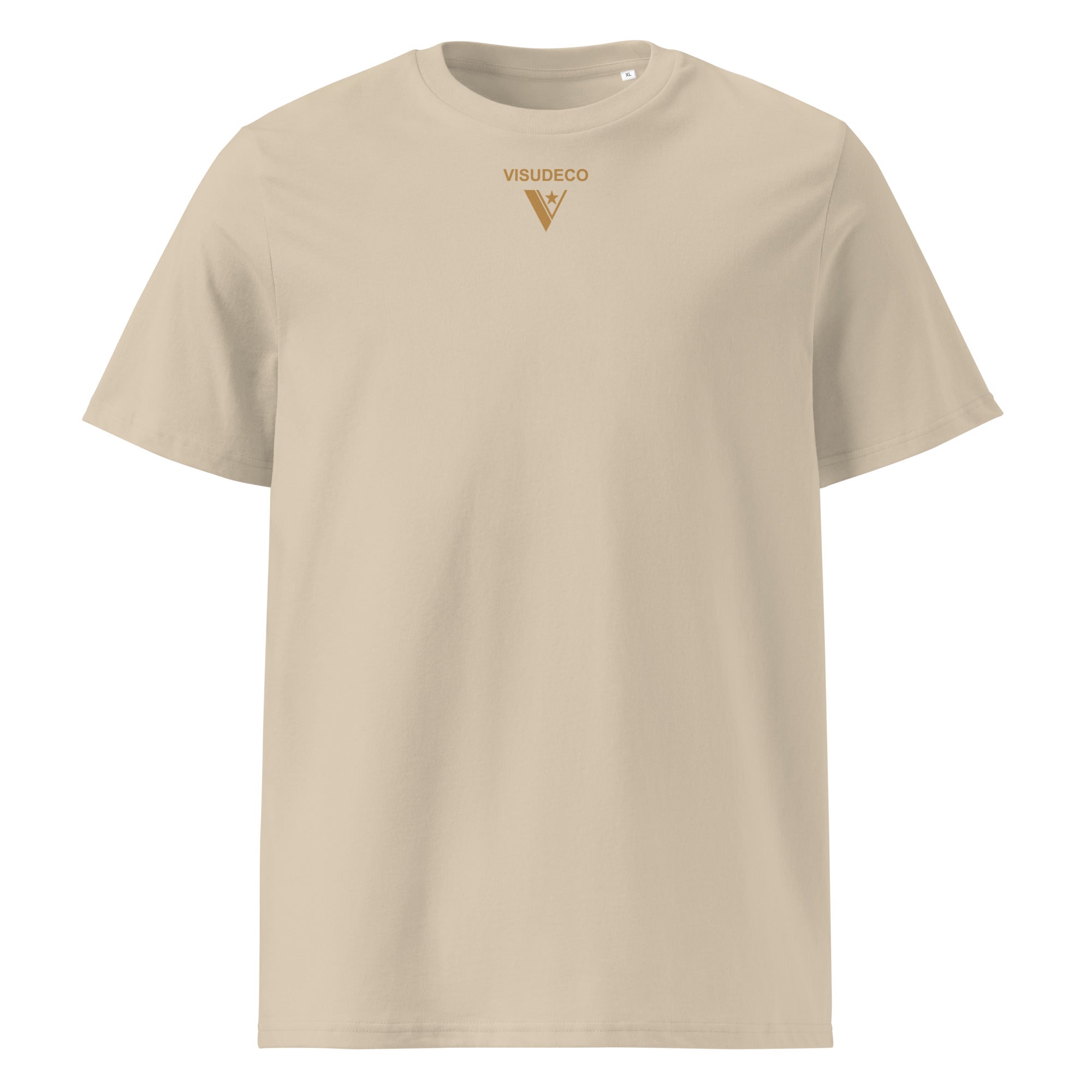 Organic Cotton T-Shirt in Desert Dust. Sample with logo printed on the front.