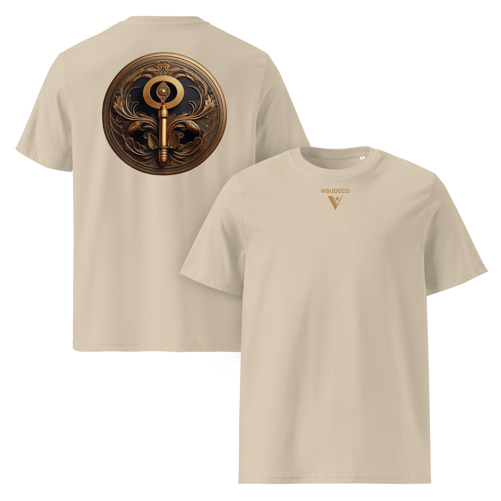 Key of Empathy - Organic Cotton T-Shirt in Desert Dust with a symbol on the back and logo in front. 