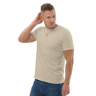 Organic Cotton T-Shirt in Desert Dust on male model with logo embroidered on the front