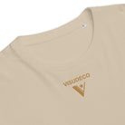 Organic Cotton T-Shirt in Desert Dust. Close-up sample with logo printed on the front.