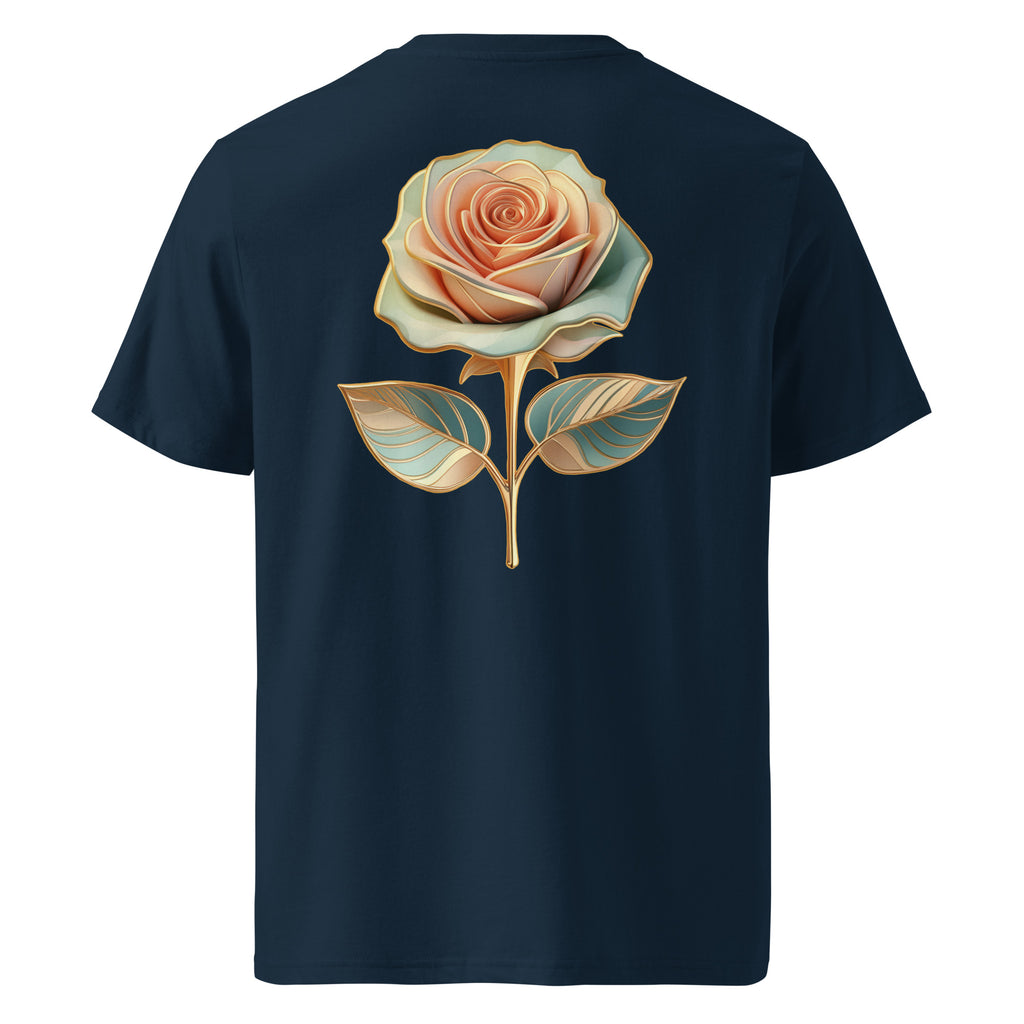 Bloom - Organic Cotton T-Shirt in Navy Blue showing the golden design on the back.