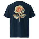 Bloom - Organic Cotton T-Shirt in Navy Blue with golden flower and pastel colors printed on back.