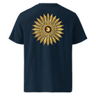 Sun - Organic Cotton T-Shirt in Navy Blue with a golden sun design printed on the back.