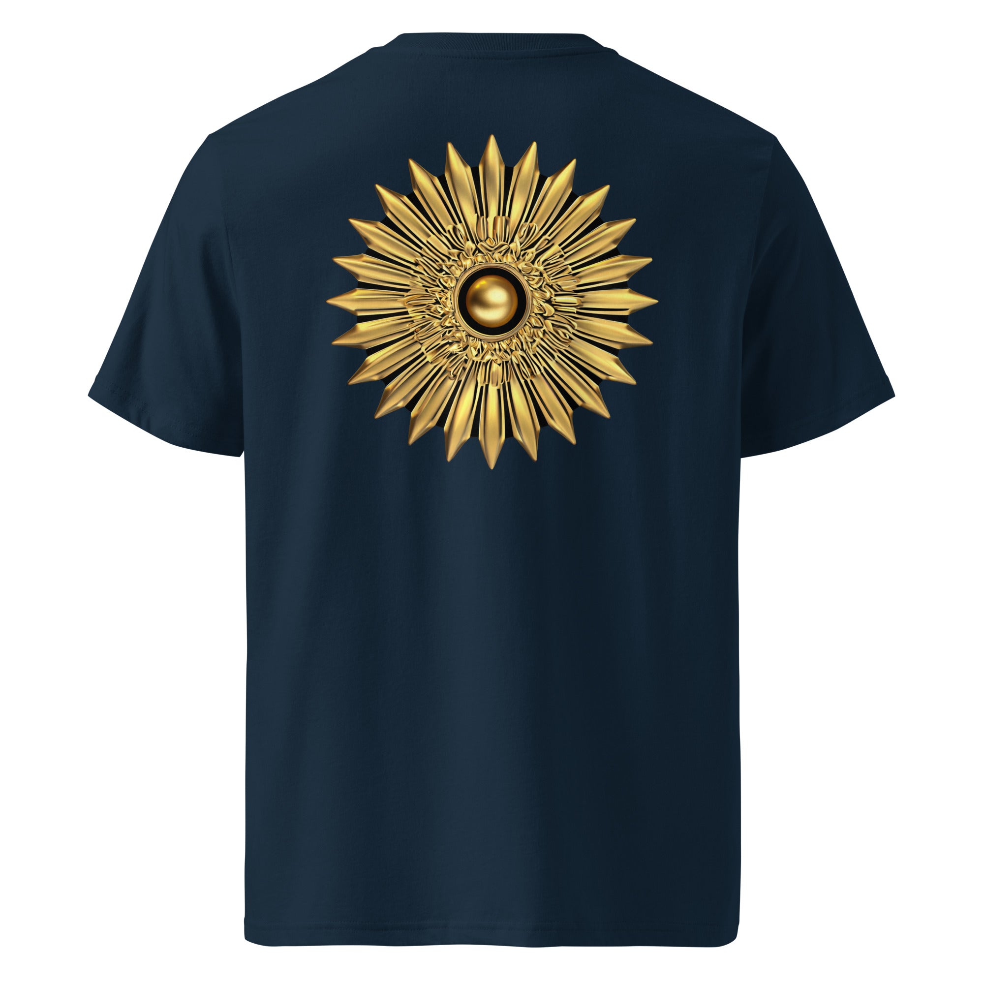 Sun - Organic Cotton T-Shirt in Navy Blue with a golden sun design printed on the back.
