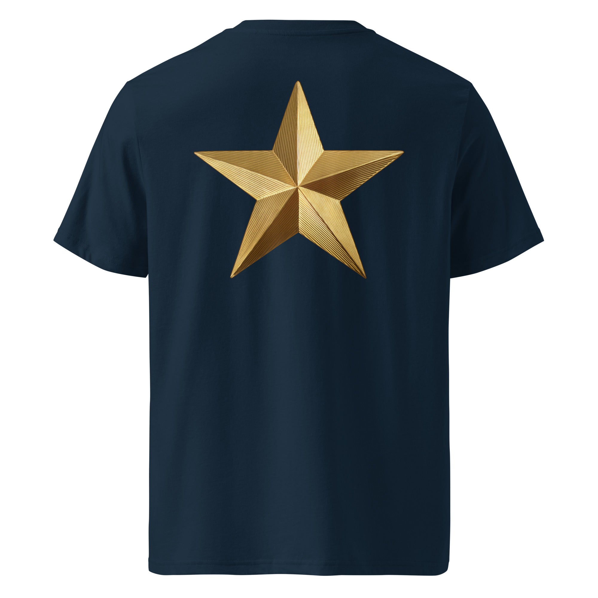 Star - Organic Cotton T-Shirt in Navy Blue with golden star design on the back.