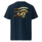 Eye of Horus - Organic Cotton T-Shirt in Navy Blue with egyptian symbol printed on the back.