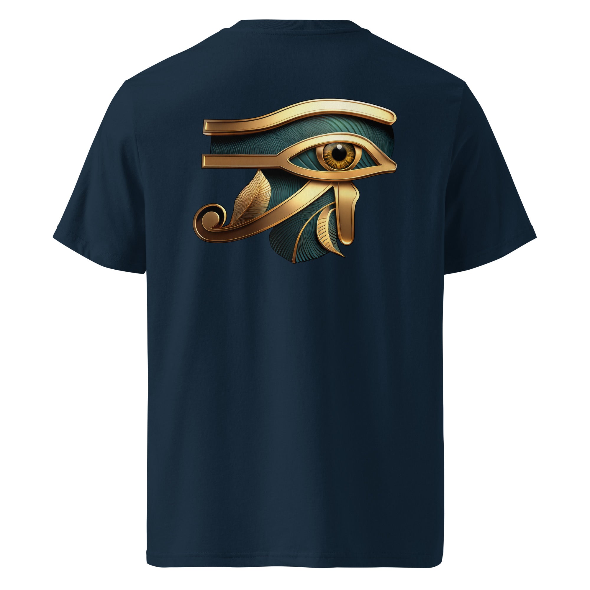 Eye of Horus - Organic Cotton T-Shirt in Navy Blue with egyptian symbol printed on the back.