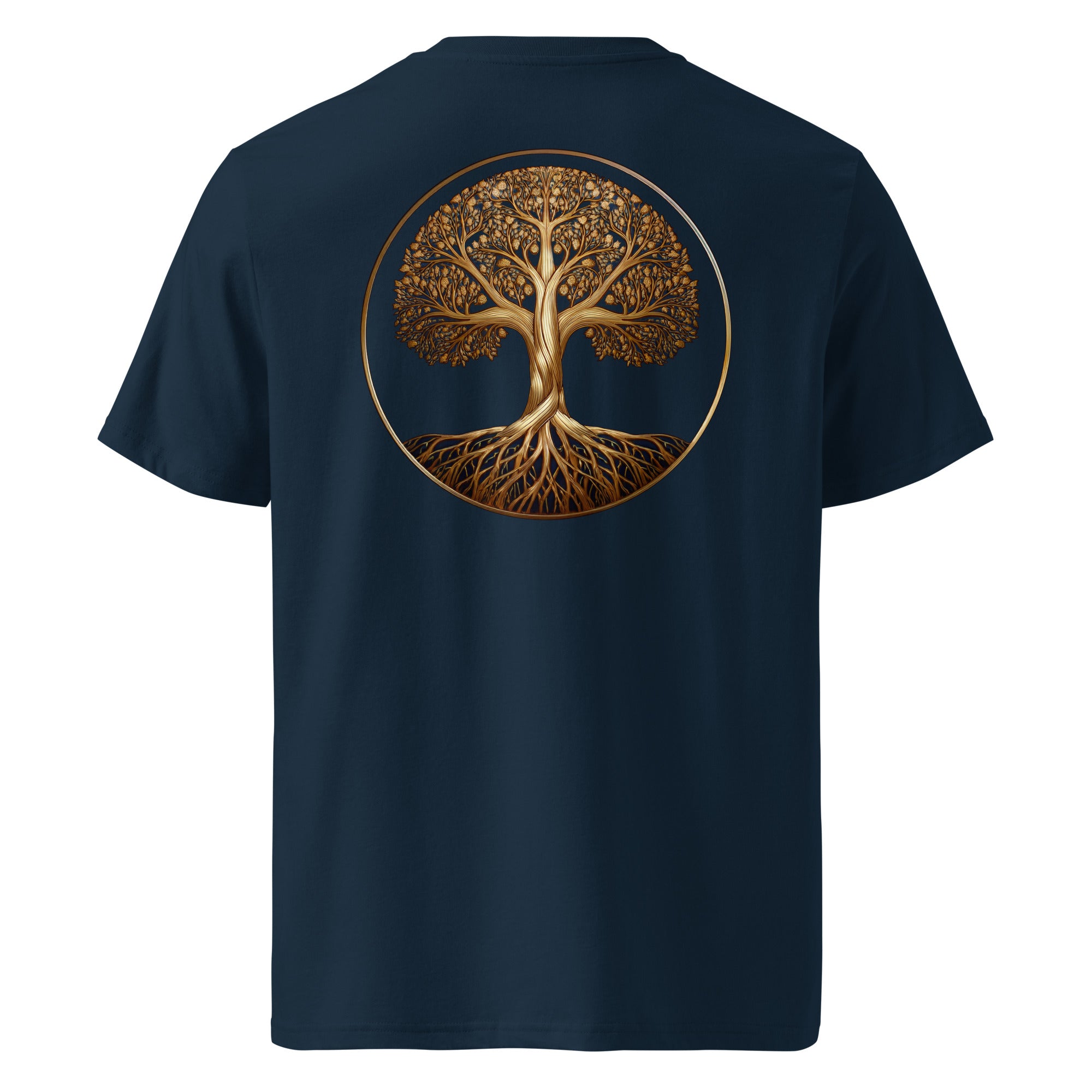 Tree of Life - Organic Cotton T-Shirt in Navy Blue with golden tree design printed on the back.