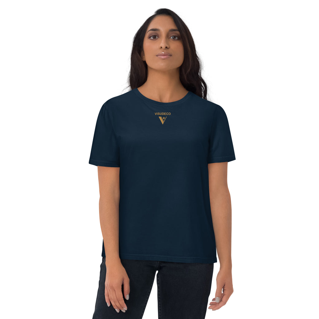 Organic Cotton T-Shirt in Navy Blue on female model with logo printed on the front.