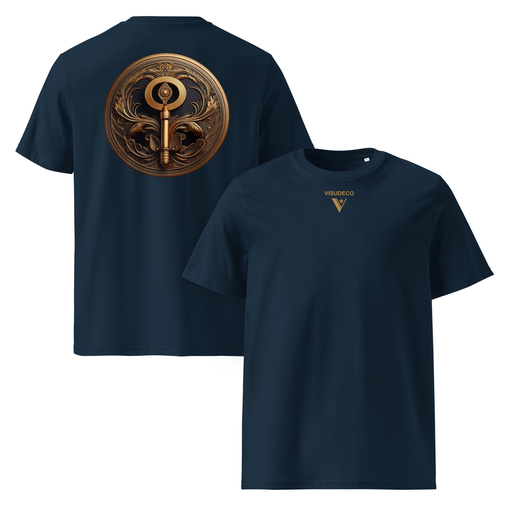 Key of Empathy - Organic Cotton T-Shirt in Navy Blue with symbol printed on back and logo in front.
