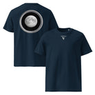 Moon - Organic Cotton T-Shirt in Navy Blue with a moon design on the back and logo on the front.