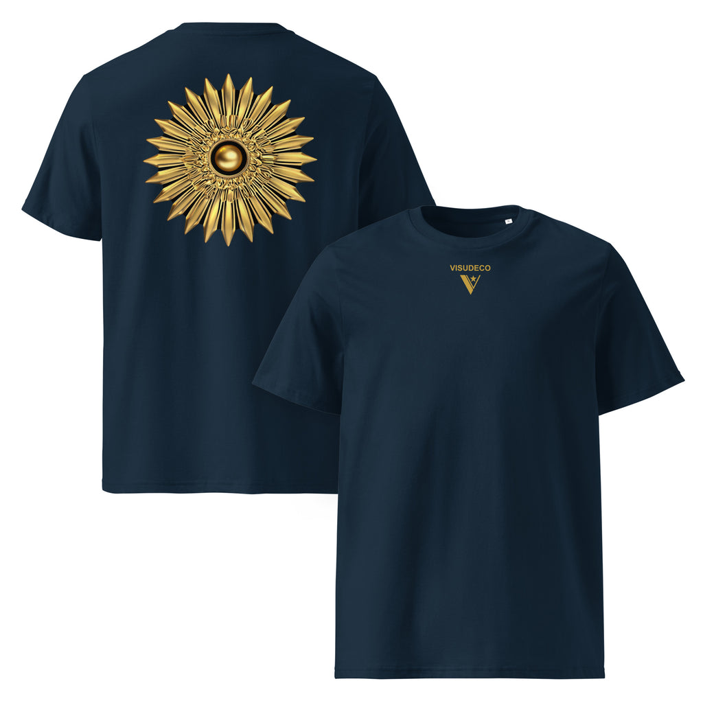 Sun - Organic Cotton T-Shirt in Navy Blue with a sun emblem on the back and logo on the front.