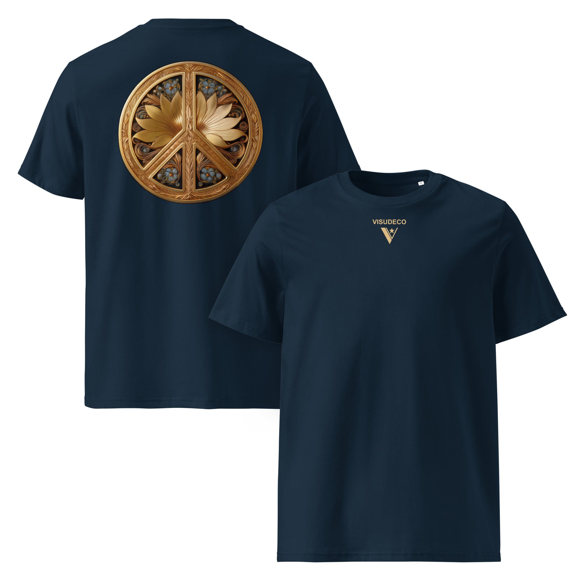 Flower Power - Organic Cotton T-Shirt in Navy Blue with golden symbol on the back and logo in front.