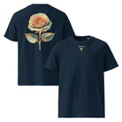 Bloom - Organic Cotton T-Shirt in Navy Blue with golden flower on back and visudeco logo in front.