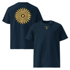 Sun - Organic Cotton T-Shirt in Navy Blue with visudeco logo in front and sun design on the back.