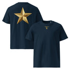 Star - Organic Cotton T-Shirt in Navy Blue with golden design on back and visudeco logo in front.